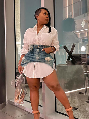 Women Denim Shirt Blouse Single Breasted Mini Dress Suit Long Sleeve Turn-down Collar Dress Fashion Irregular Two 2 Piece Set | 0 | TageUnlimited