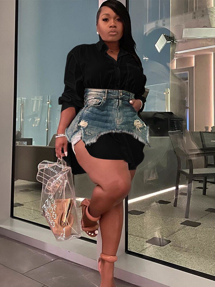 Women Denim Shirt Blouse Single Breasted Mini Dress Suit Long Sleeve Turn-down Collar Dress Fashion Irregular Two 2 Piece Set | 0 | TageUnlimited