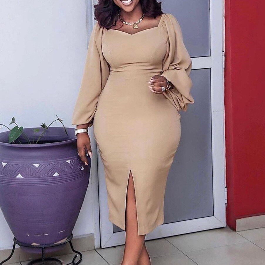 Women Dress Autumn Winter Long Sleeve Square Neck Solid Bodycon High Split Elegant Formal Business Work Wear Dress Midi Clothes | 0 | TageUnlimited