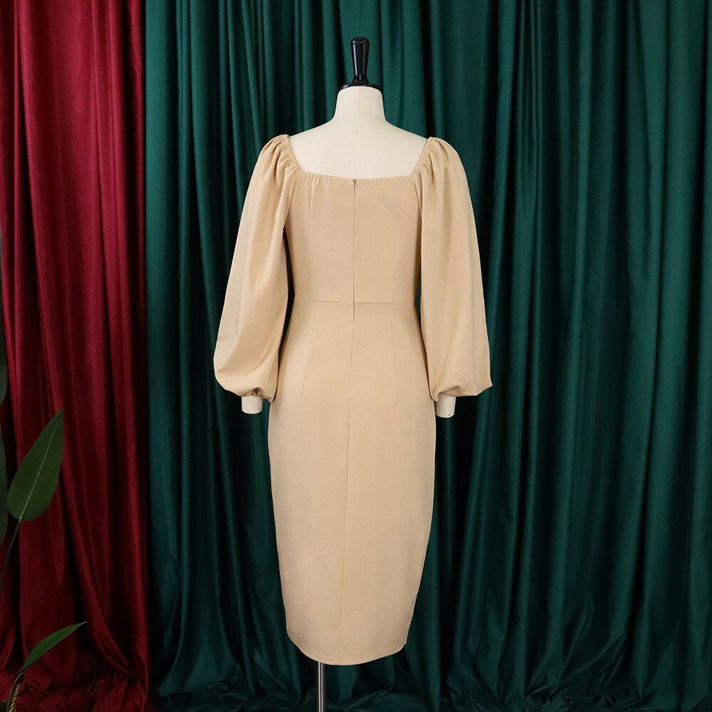 Women Dress Autumn Winter Long Sleeve Square Neck Solid Bodycon High Split Elegant Formal Business Work Wear Dress Midi Clothes | 0 | TageUnlimited