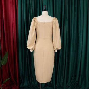 Women Dress Autumn Winter Long Sleeve Square Neck Solid Bodycon High Split Elegant Formal Business Work Wear Dress Midi Clothes | 0 | TageUnlimited