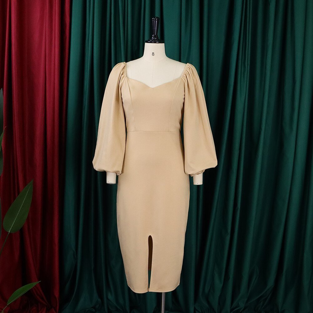 Women Dress Autumn Winter Long Sleeve Square Neck Solid Bodycon High Split Elegant Formal Business Work Wear Dress Midi Clothes | 0 | TageUnlimited