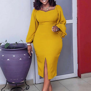Women Dress Autumn Winter Long Sleeve Square Neck Solid Bodycon High Split Elegant Formal Business Work Wear Dress Midi Clothes | 0 | TageUnlimited