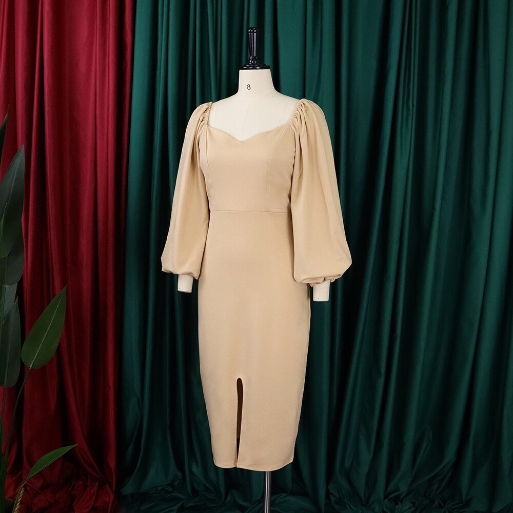 Women Dress Autumn Winter Long Sleeve Square Neck Solid Bodycon High Split Elegant Formal Business Work Wear Dress Midi Clothes | 0 | TageUnlimited
