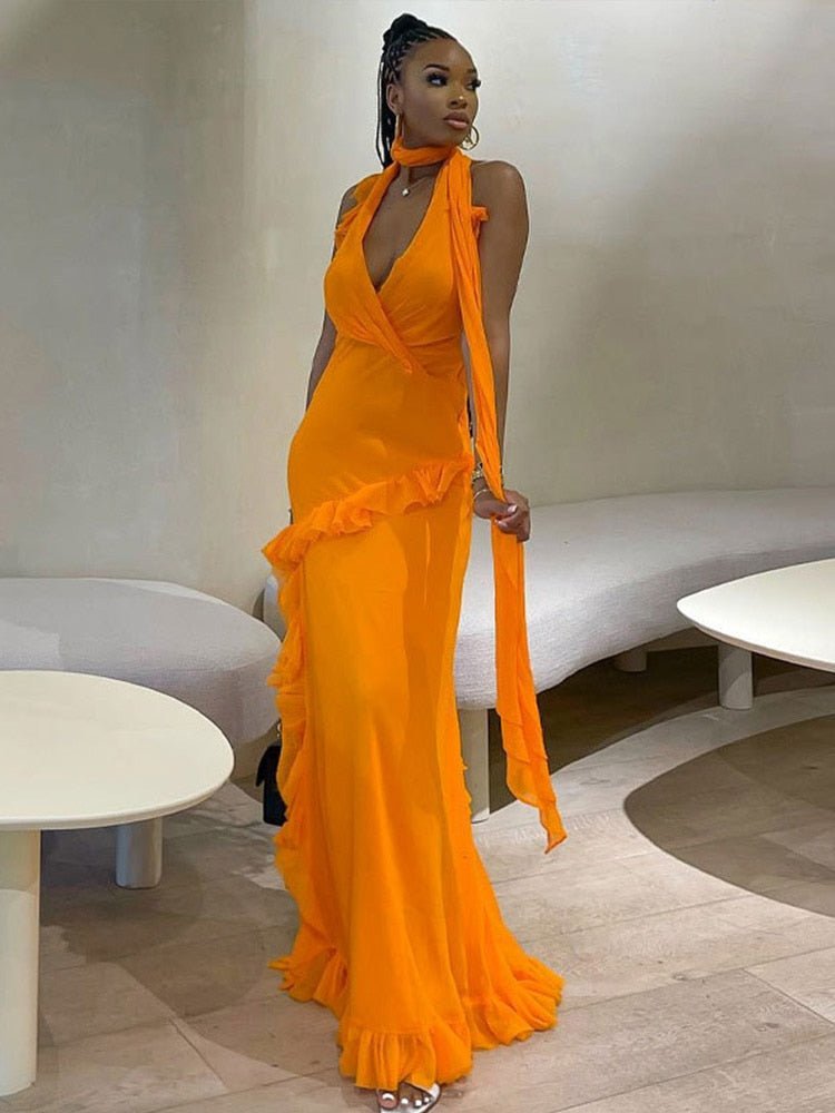 Women Elegant Irregular Ruffles Slim Long Dress  Summer Sexy V-neck Sleeveless Halter Maxi Dresses Beach Party Club Gowns | 0 | TageUnlimited