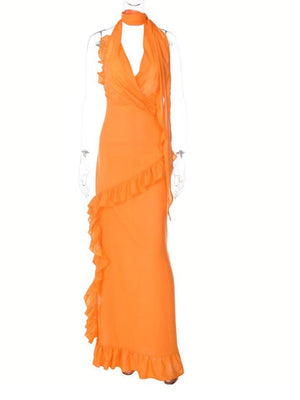 Women Elegant Irregular Ruffles Slim Long Dress  Summer Sexy V-neck Sleeveless Halter Maxi Dresses Beach Party Club Gowns | 0 | TageUnlimited
