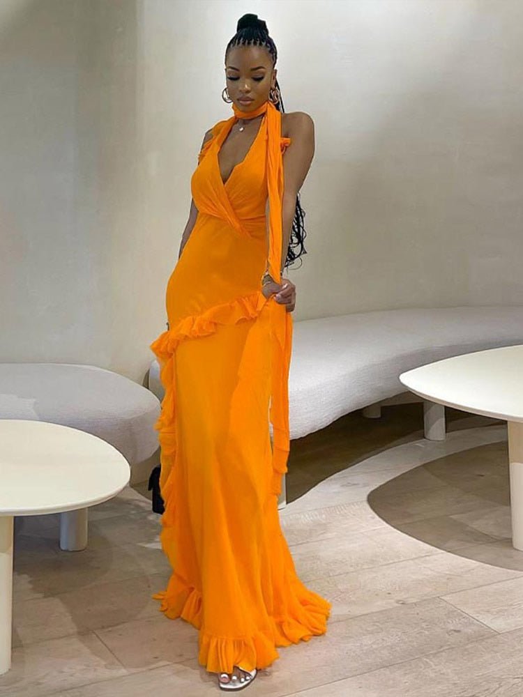 Women Elegant Irregular Ruffles Slim Long Dress  Summer Sexy V-neck Sleeveless Halter Maxi Dresses Beach Party Club Gowns | 0 | TageUnlimited