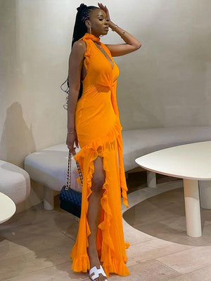 Women Elegant Irregular Ruffles Slim Long Dress  Summer Sexy V-neck Sleeveless Halter Maxi Dresses Beach Party Club Gowns | 0 | TageUnlimited