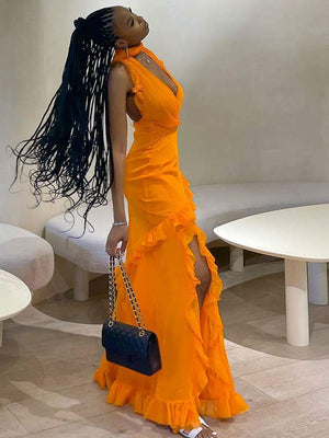 Women Elegant Irregular Ruffles Slim Long Dress  Summer Sexy V-neck Sleeveless Halter Maxi Dresses Beach Party Club Gowns | 0 | TageUnlimited