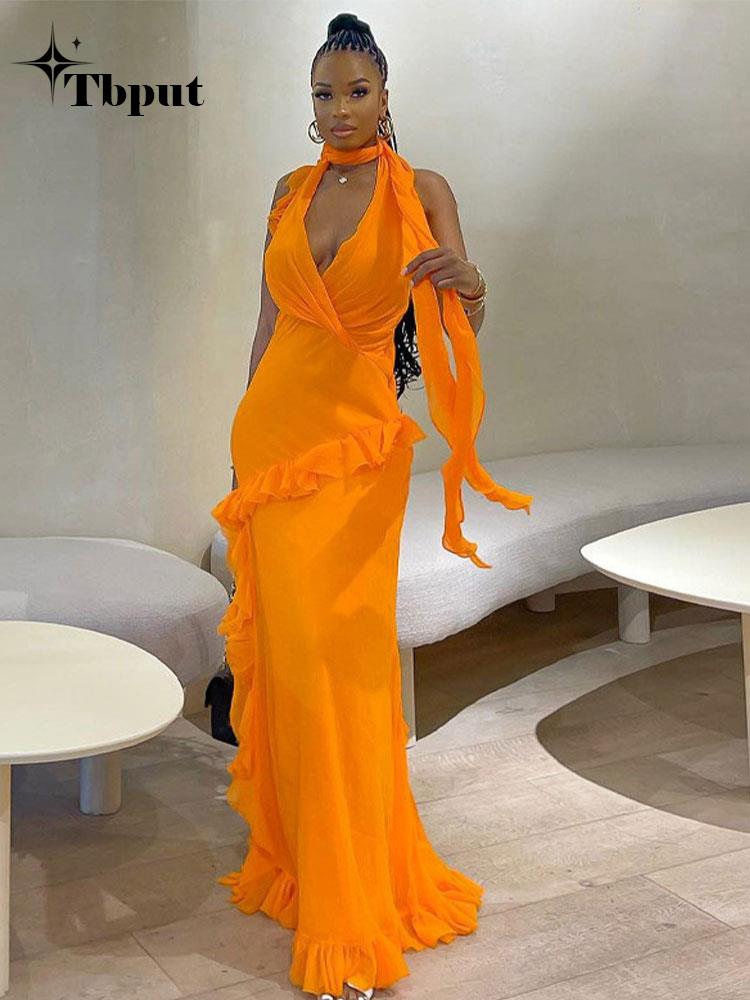 Women Elegant Irregular Ruffles Slim Long Dress Summer Sexy V-neck Sleeveless Halter Maxi Dresses Beach Party Club Gowns | 0 | TageUnlimited
