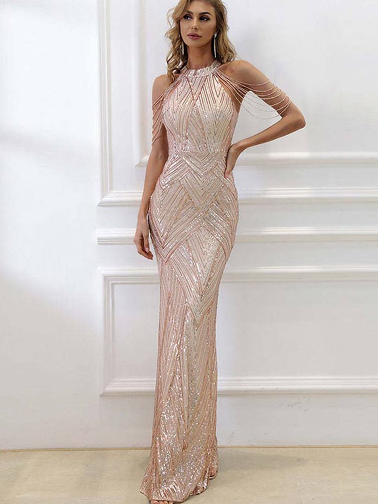 Women Elegant Mermaid Long Prom Dresses Off Shoulder Crystal Tassel Evening Dress  New Formal Sleeveless Party Maxi | 0 | TageUnlimited
