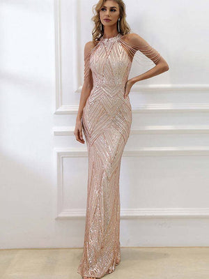 Women Elegant Mermaid Long Prom Dresses Off Shoulder Crystal Tassel Evening Dress  New Formal Sleeveless Party Maxi | 0 | TageUnlimited
