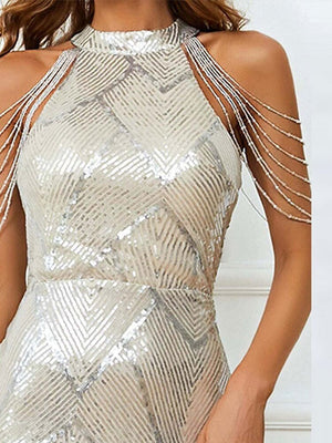 Women Elegant Mermaid Long Prom Dresses Off Shoulder Crystal Tassel Evening Dress  New Formal Sleeveless Party Maxi | 0 | TageUnlimited