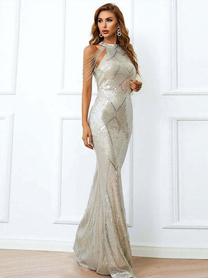 Women Elegant Mermaid Long Prom Dresses Off Shoulder Crystal Tassel Evening Dress  New Formal Sleeveless Party Maxi | 0 | TageUnlimited