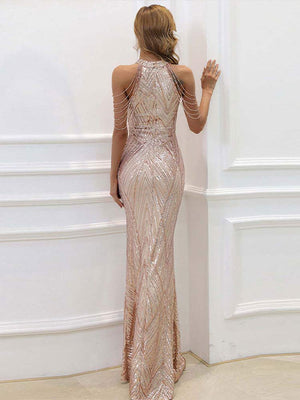 Women Elegant Mermaid Long Prom Dresses Off Shoulder Crystal Tassel Evening Dress  New Formal Sleeveless Party Maxi | 0 | TageUnlimited