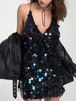 Women Elegant Mini Sparkly Sexy Evening Dresses Strap V Neck Nightclub Skirt Backless Sequin Prom Slip Dress  Halter Skirts | 0 | TageUnlimited