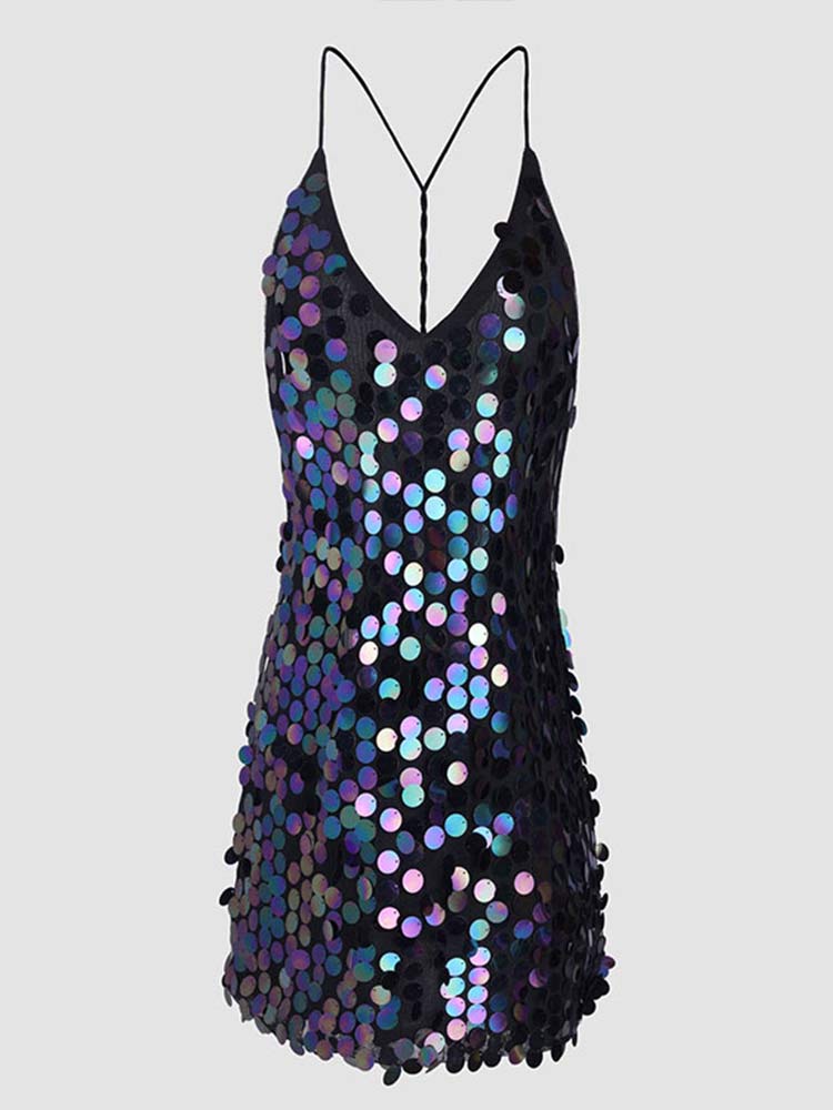 Women Elegant Mini Sparkly Sexy Evening Dresses Strap V Neck Nightclub Skirt Backless Sequin Prom Slip Dress  Halter Skirts | 0 | TageUnlimited
