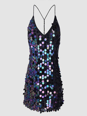 Women Elegant Mini Sparkly Sexy Evening Dresses Strap V Neck Nightclub Skirt Backless Sequin Prom Slip Dress  Halter Skirts | 0 | TageUnlimited