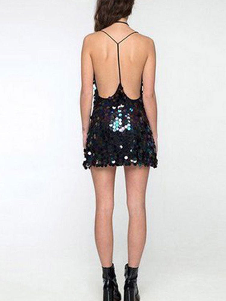 Women Elegant Mini Sparkly Sexy Evening Dresses Strap V Neck Nightclub Skirt Backless Sequin Prom Slip Dress  Halter Skirts | 0 | TageUnlimited