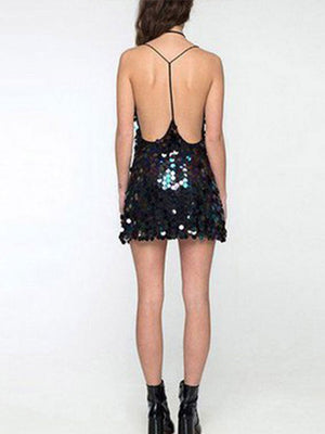 Women Elegant Mini Sparkly Sexy Evening Dresses Strap V Neck Nightclub Skirt Backless Sequin Prom Slip Dress  Halter Skirts | 0 | TageUnlimited