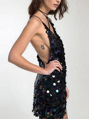 Women Elegant Mini Sparkly Sexy Evening Dresses Strap V Neck Nightclub Skirt Backless Sequin Prom Slip Dress  Halter Skirts | 0 | TageUnlimited