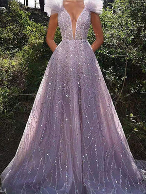 Women Elegant Sequined Deep V-Neck Gowns Lady Fins Strap All Seasons Sleeveless Long Dress  New Fashion Evening Gown | 0 | TageUnlimited
