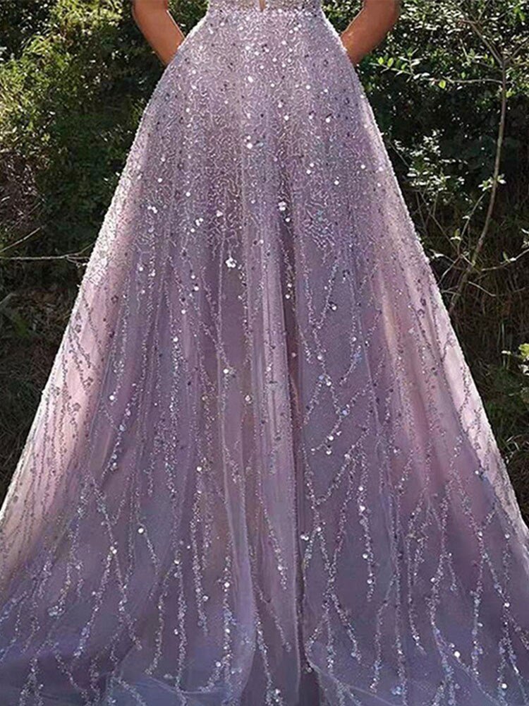 Women Elegant Sequined Deep V-Neck Gowns Lady Fins Strap All Seasons Sleeveless Long Dress  New Fashion Evening Gown | 0 | TageUnlimited