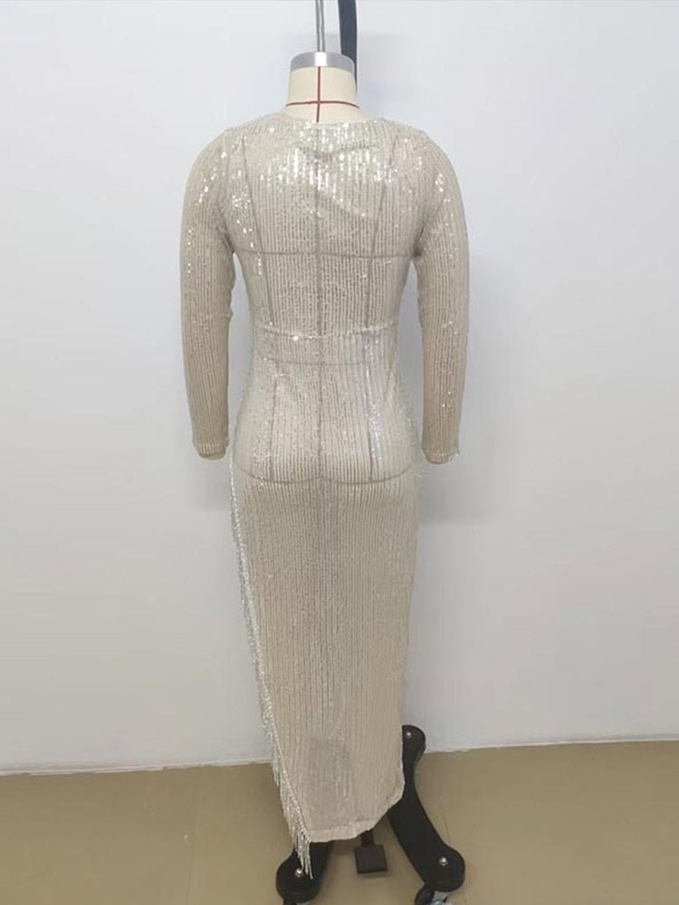 Women Elegant Sequins Deep V-Neck Tassel Prom Dresses Female Side Split Fitted Waist Full Sleeve Long Robe  Sexy Dress | 0 | TageUnlimited