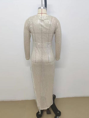 Women Elegant Sequins Deep V-Neck Tassel Prom Dresses Female Side Split Fitted Waist Full Sleeve Long Robe  Sexy Dress | 0 | TageUnlimited