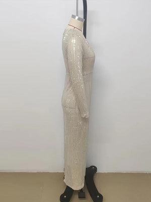 Women Elegant Sequins Deep V-Neck Tassel Prom Dresses Female Side Split Fitted Waist Full Sleeve Long Robe  Sexy Dress | 0 | TageUnlimited
