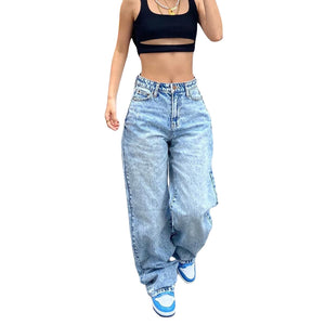 Women Fashion Loose Jeans Solid Color High Waist Straight Denim Trousers with Pockets Button Zipper Street Straight Leg Trousers | 0 | TageUnlimited