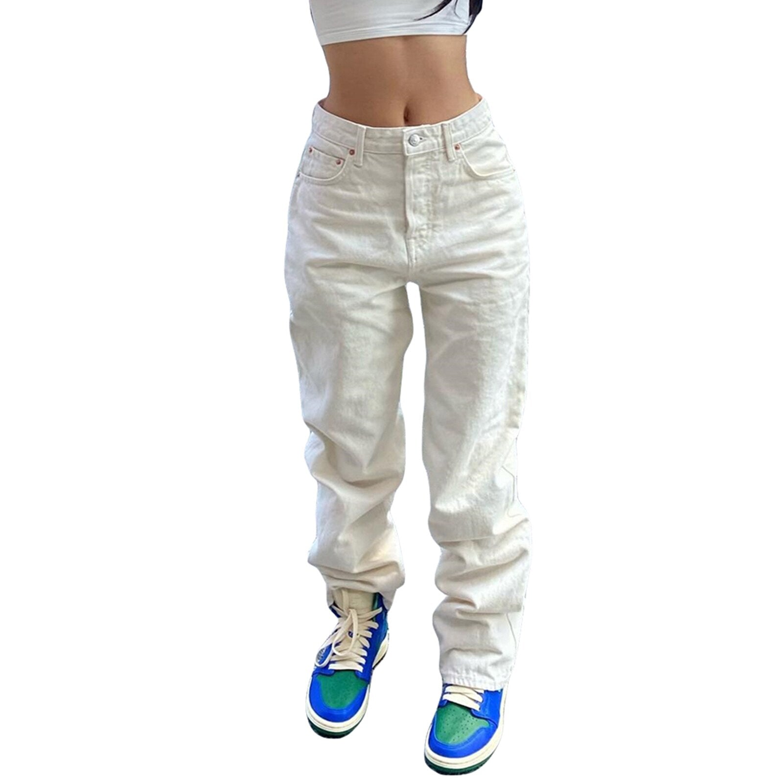 Women Fashion Loose Jeans Solid Color High Waist Straight Denim Trousers with Pockets Button Zipper Street Straight Leg Trousers | 0 | TageUnlimited