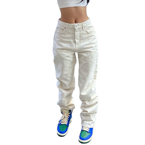 Women Fashion Loose Jeans Solid Color High Waist Straight Denim Trousers with Pockets Button Zipper Street Straight Leg Trousers | 0 | TageUnlimited