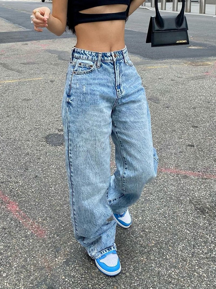 Women Fashion Loose Jeans Solid Color High Waist Straight Denim Trousers with Pockets Button Zipper Street Straight Leg Trousers | 0 | TageUnlimited