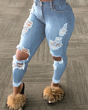 Women Fashion Slim Fit Jeans Hot Washed Color Ripped Hole Tassel Stretchy Mid-waist Denim Pencil Long Pants Trousers | 0 | TageUnlimited