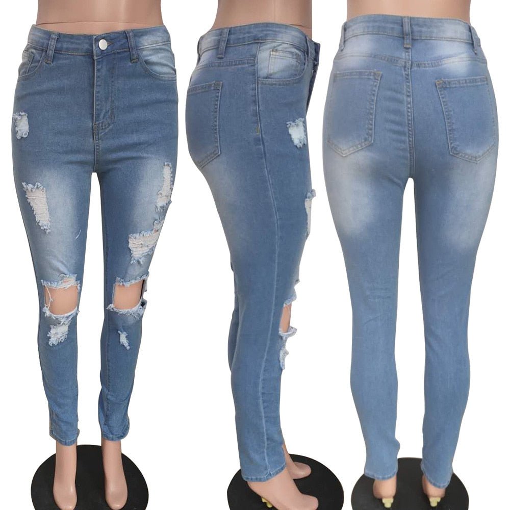 Women Fashion Slim Fit Jeans Hot Washed Color Ripped Hole Tassel Stretchy Mid-waist Denim Pencil Long Pants Trousers | 0 | TageUnlimited