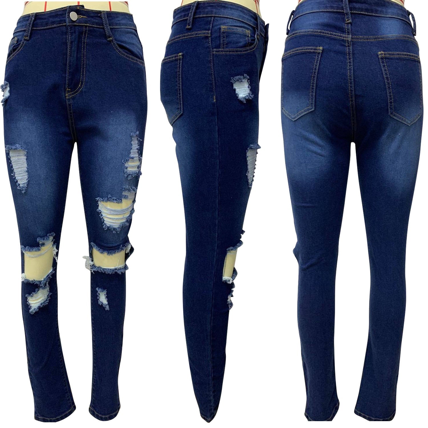 Women Fashion Slim Fit Jeans Hot Washed Color Ripped Hole Tassel Stretchy Mid-waist Denim Pencil Long Pants Trousers | 0 | TageUnlimited
