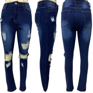 Women Fashion Slim Fit Jeans Hot Washed Color Ripped Hole Tassel Stretchy Mid-waist Denim Pencil Long Pants Trousers | 0 | TageUnlimited