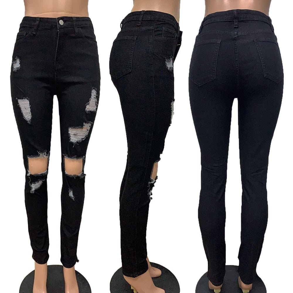 Women Fashion Slim Fit Jeans Hot Washed Color Ripped Hole Tassel Stretchy Mid-waist Denim Pencil Long Pants Trousers | 0 | TageUnlimited