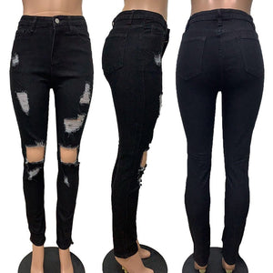 Women Fashion Slim Fit Jeans Hot Washed Color Ripped Hole Tassel Stretchy Mid-waist Denim Pencil Long Pants Trousers | 0 | TageUnlimited