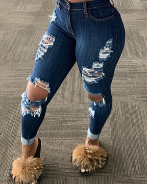 Women Fashion Slim Fit Jeans Hot Washed Color Ripped Hole Tassel Stretchy Mid-waist Denim Pencil Long Pants Trousers | 0 | TageUnlimited