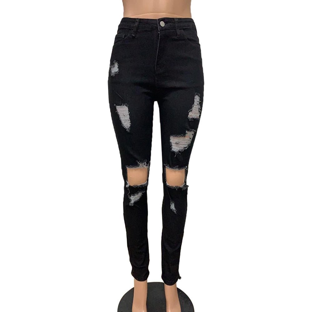 Women Fashion Slim Fit Jeans Hot Washed Color Ripped Hole Tassel Stretchy Mid-waist Denim Pencil Long Pants Trousers | 0 | TageUnlimited