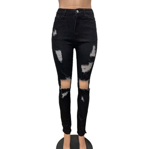 Women Fashion Slim Fit Jeans Hot Washed Color Ripped Hole Tassel Stretchy Mid-waist Denim Pencil Long Pants Trousers | 0 | TageUnlimited