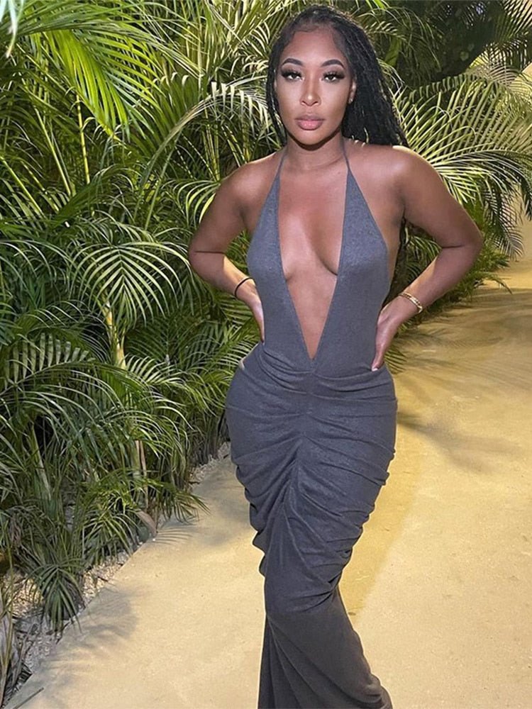 Women Halter Ruched Maxi Dress Solid Backless Deep V-neck Sleeveless Lace Up Dresses Summer Sexy Evening Prom Festival Vestidos | 0 | TageUnlimited