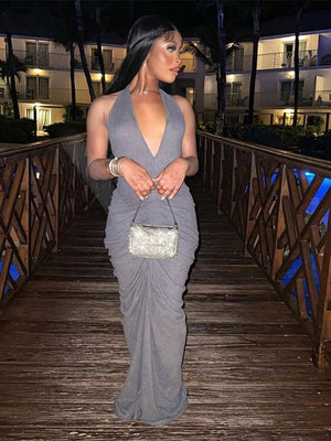 Women Halter Ruched Maxi Dress Solid Backless Deep V-neck Sleeveless Lace Up Dresses Summer Sexy Evening Prom Festival Vestidos | 0 | TageUnlimited