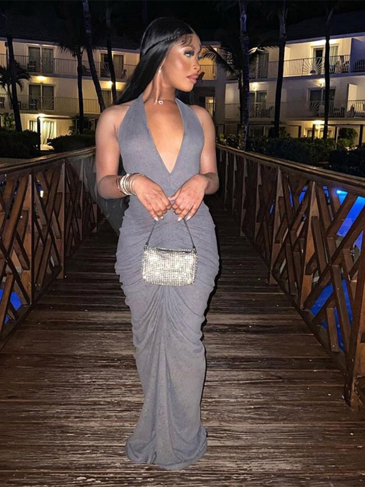 Women Halter Ruched Maxi Dress Solid Backless Deep V-neck Sleeveless Lace Up Dresses Summer Sexy Evening Prom Festival Vestidos | 0 | TageUnlimited