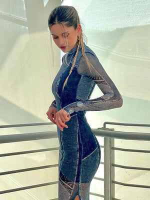 Women Mesh Patchwork Split Dress Spring Summer Imitation Denim Vintage Dresses  Lady Casual High Neck Slim Printed Vestidos | 0 | TageUnlimited