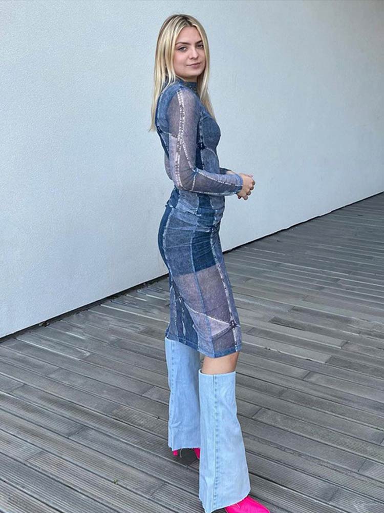 Women Mesh Patchwork Split Dress Spring Summer Imitation Denim Vintage Dresses  Lady Casual High Neck Slim Printed Vestidos | 0 | TageUnlimited