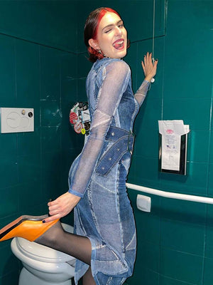 Women Mesh Patchwork Split Dress Spring Summer Imitation Denim Vintage Dresses  Lady Casual High Neck Slim Printed Vestidos | 0 | TageUnlimited