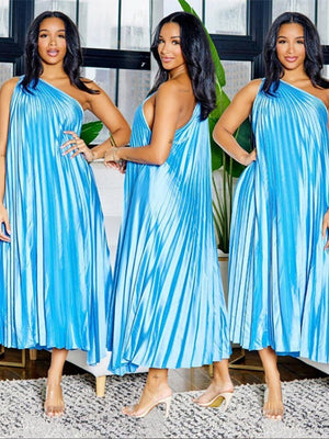 Women One Shoulder Runched Solid Dress Sexy Sleeveless Diagonal Collar Pleated Dresses Summer Lady Party Prom Evening Vestidos | 0 | TageUnlimited